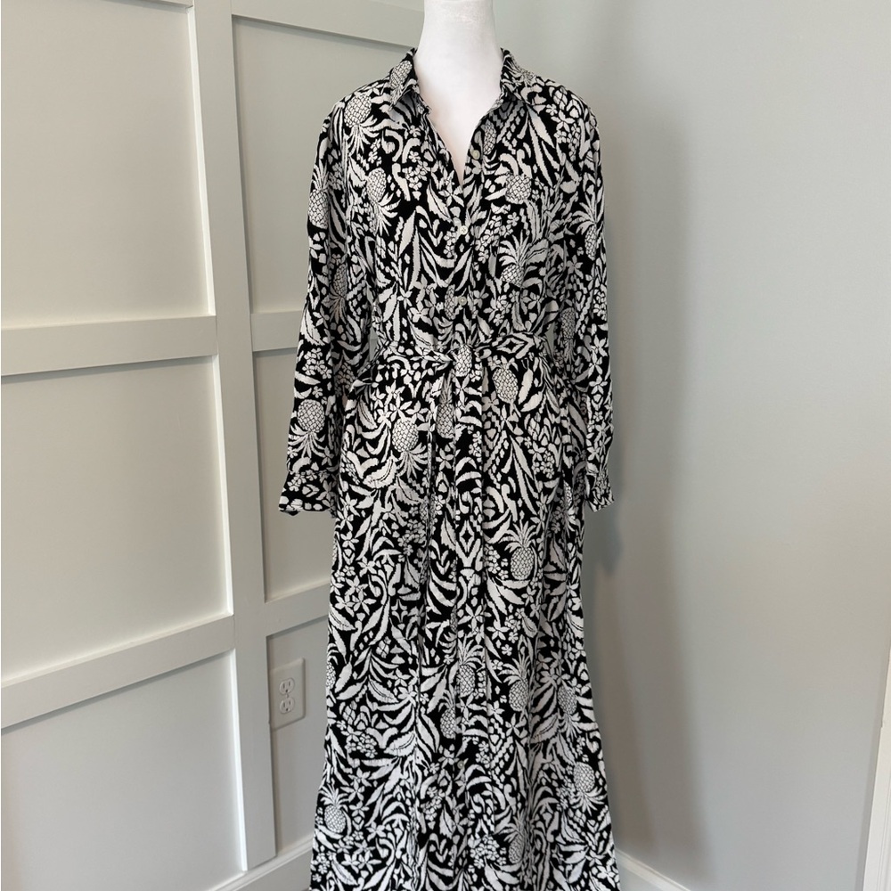 NWT LOFT Linen Blend Pineapple Maxi Pocket Shirtdress 14 Petite